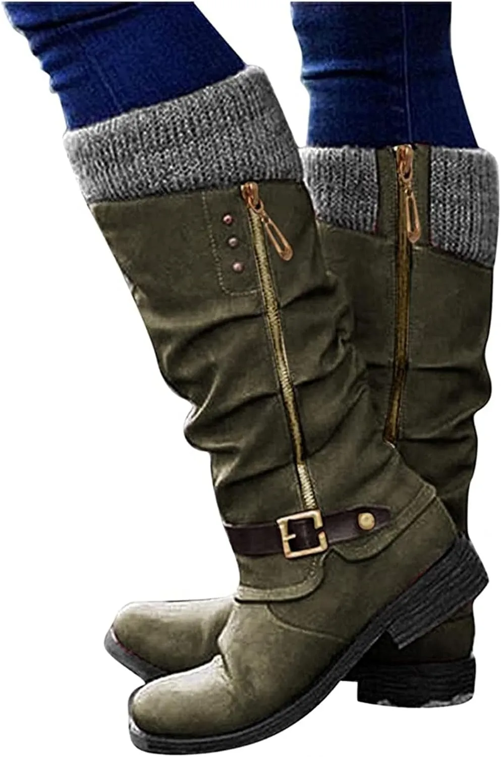 Ladmiple Boots For Women 2024 Low Heel Mid Calf Dress Biker Boots Side Zipper Motorcycle Combat Riding Military Ankle Booties