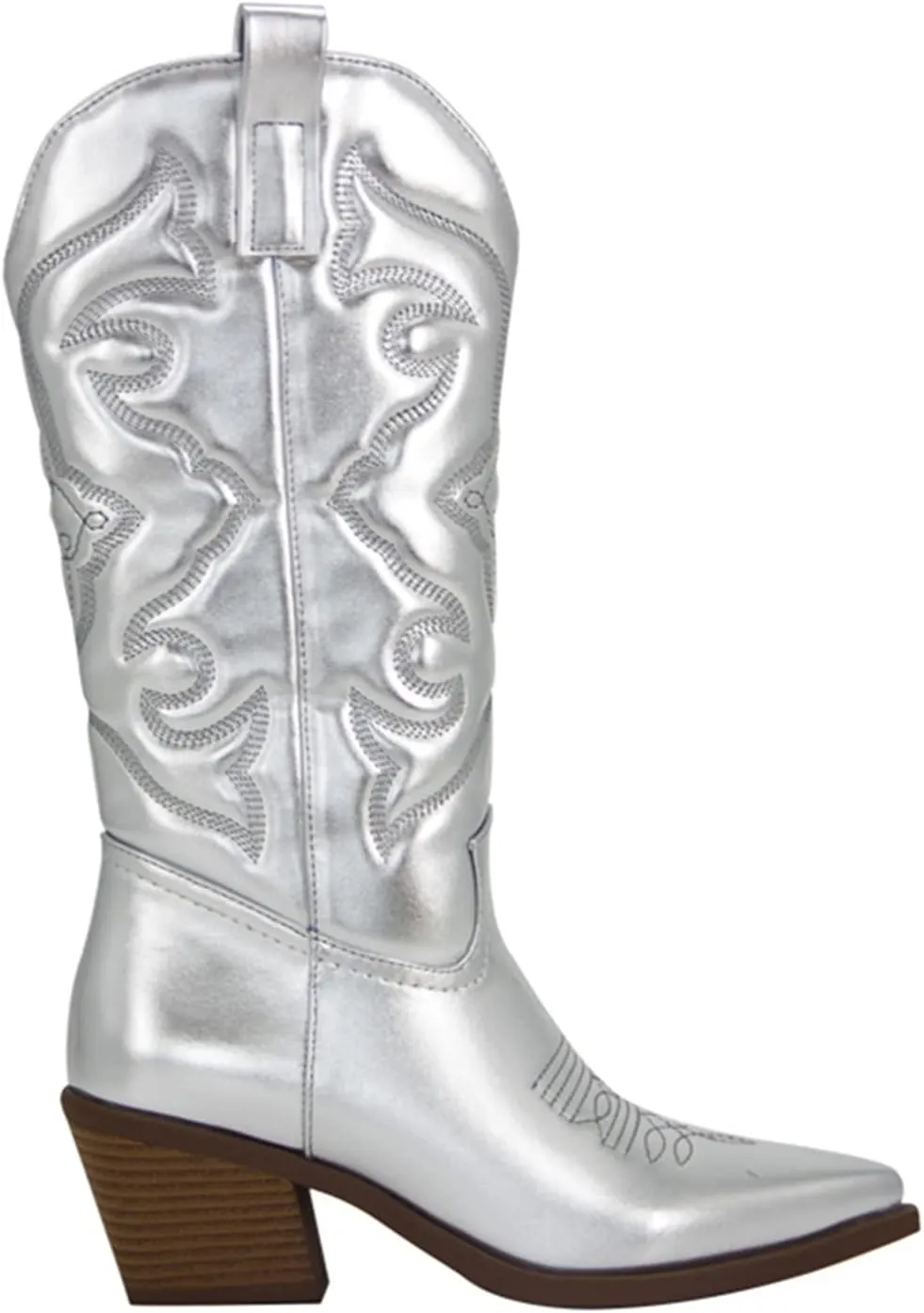 Ladmiple Cowgirl Boots Women Tall Embroidered Pull On Cowboy Boots Block Chunky Heel Western Mid Calf Wedding Boots