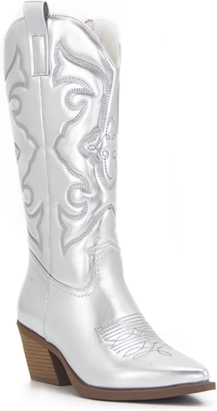 Ladmiple Cowgirl Boots Women Tall Embroidered Pull On Cowboy Boots Block Chunky Heel Western Mid Calf Wedding Boots