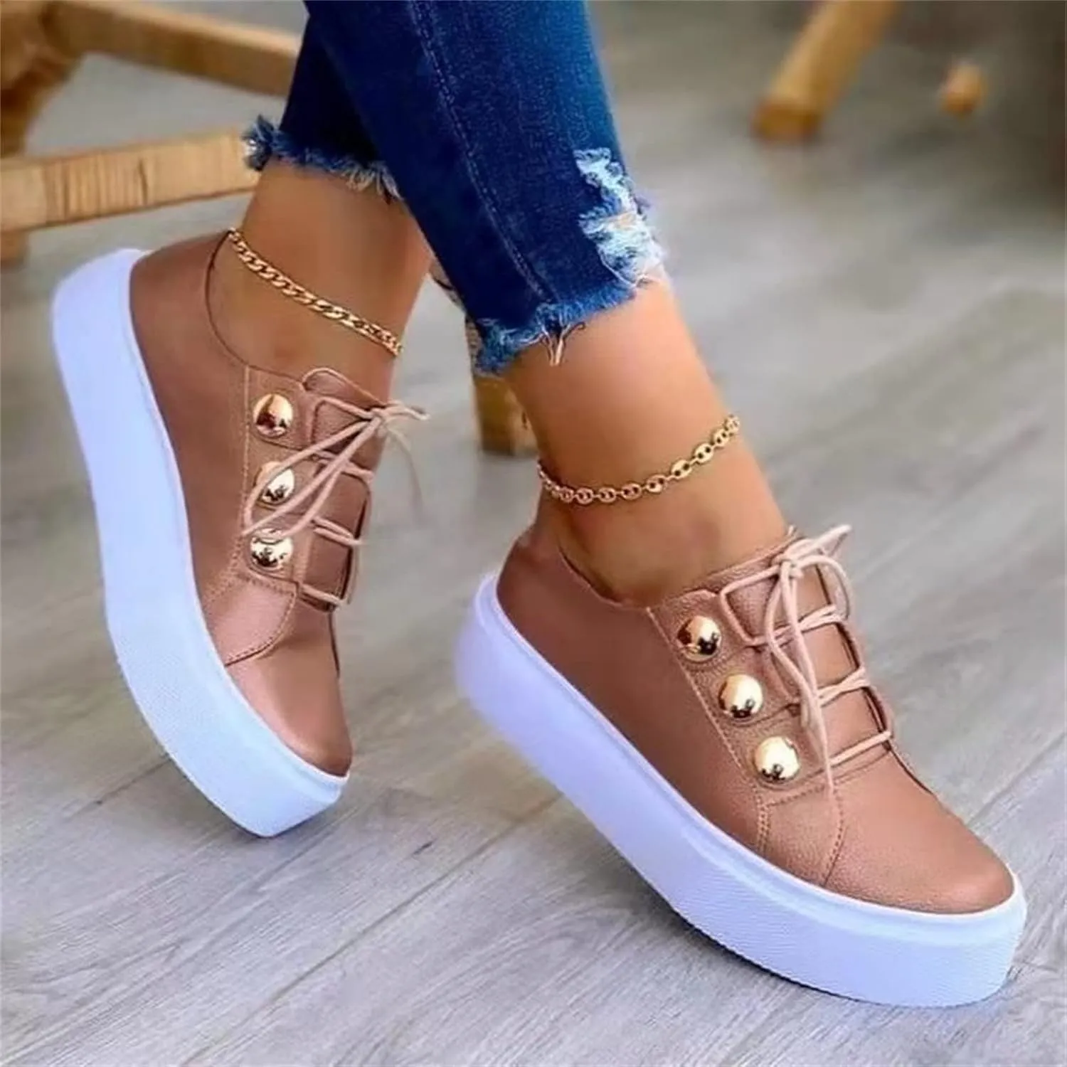 Ladmiple Shoes For Women Sneakers Trendy Low Top Lace-up Walking Shoes Fashion Summer Slip On Platform Flats Loafers