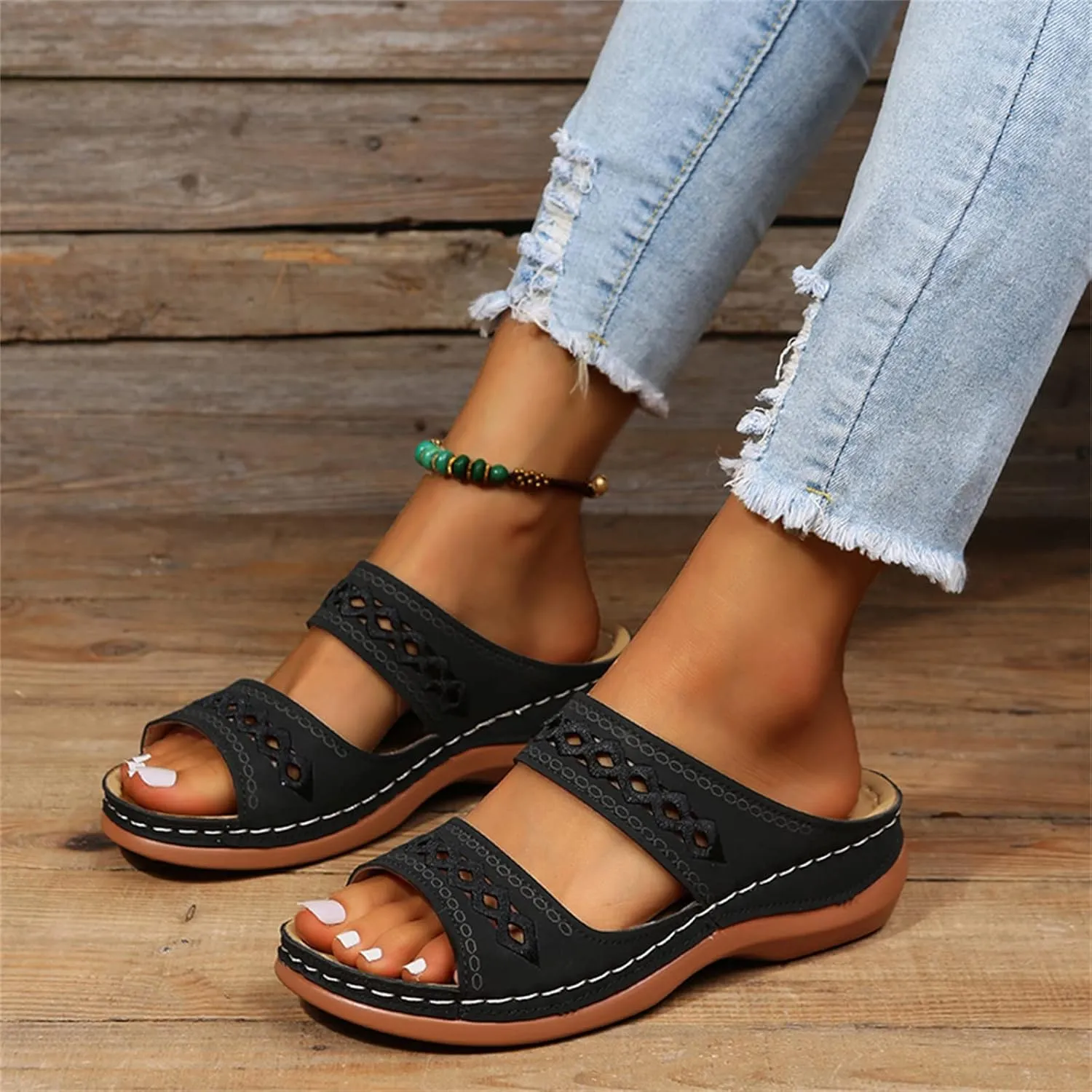Lausiuoe Orthopedic Sandals For Women Dressy Fashion Orthotic Slides Slip On Slipper Flip Flops With Comfortable Arch Support