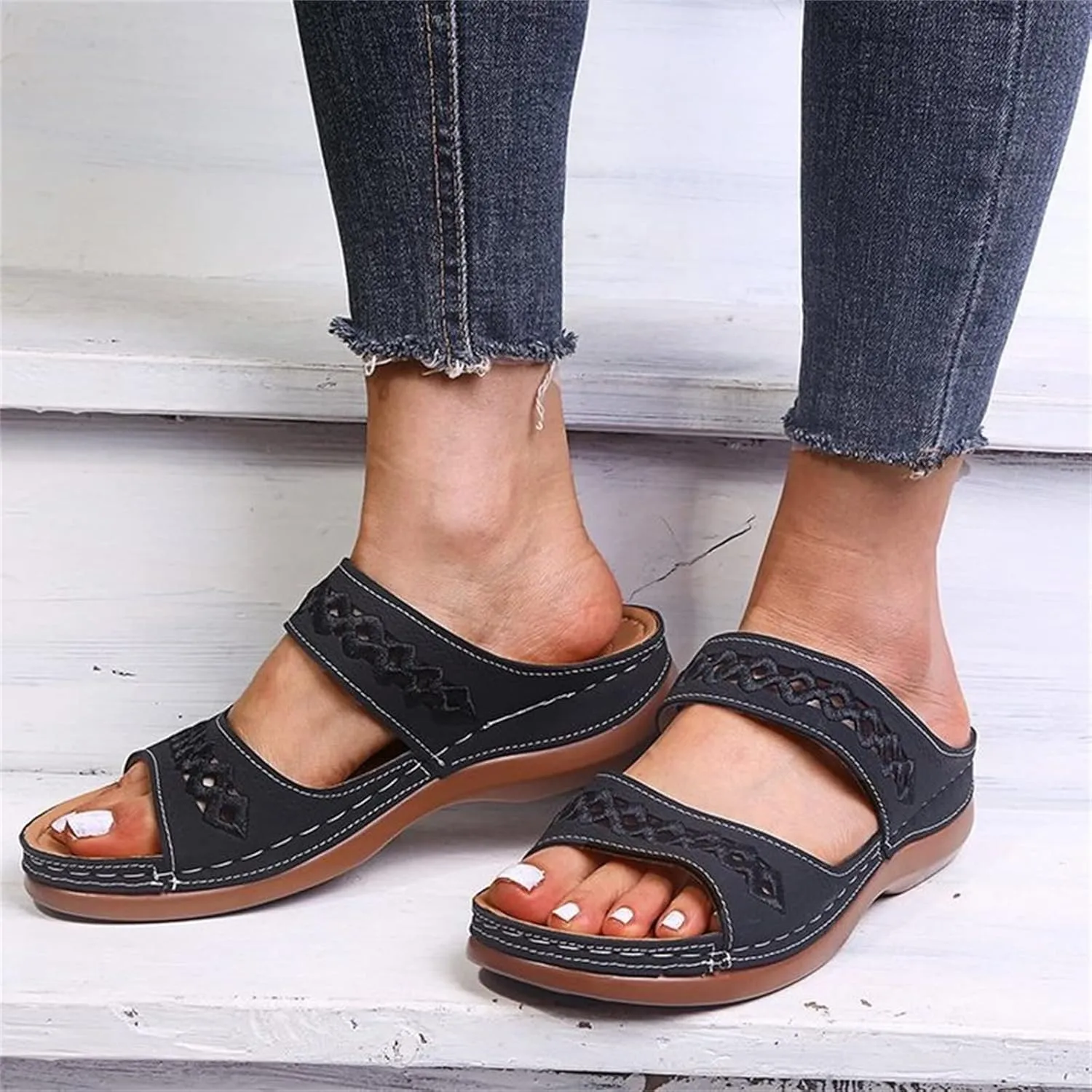 Lausiuoe Orthopedic Sandals For Women Dressy Fashion Orthotic Slides Slip On Slipper Flip Flops With Comfortable Arch Support