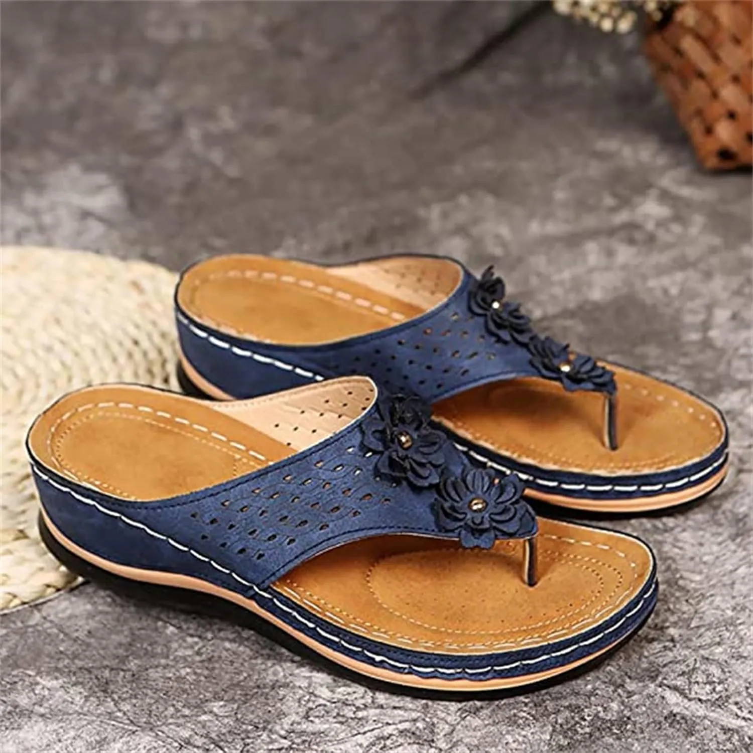 Lausiuoe Women's Comfy Orthotic Sandals, Women's Arch Support Flip Flops, Dressy Summer Orthopedic Sandals, Flip Flops Slippers, Size 7, Tan, Blue