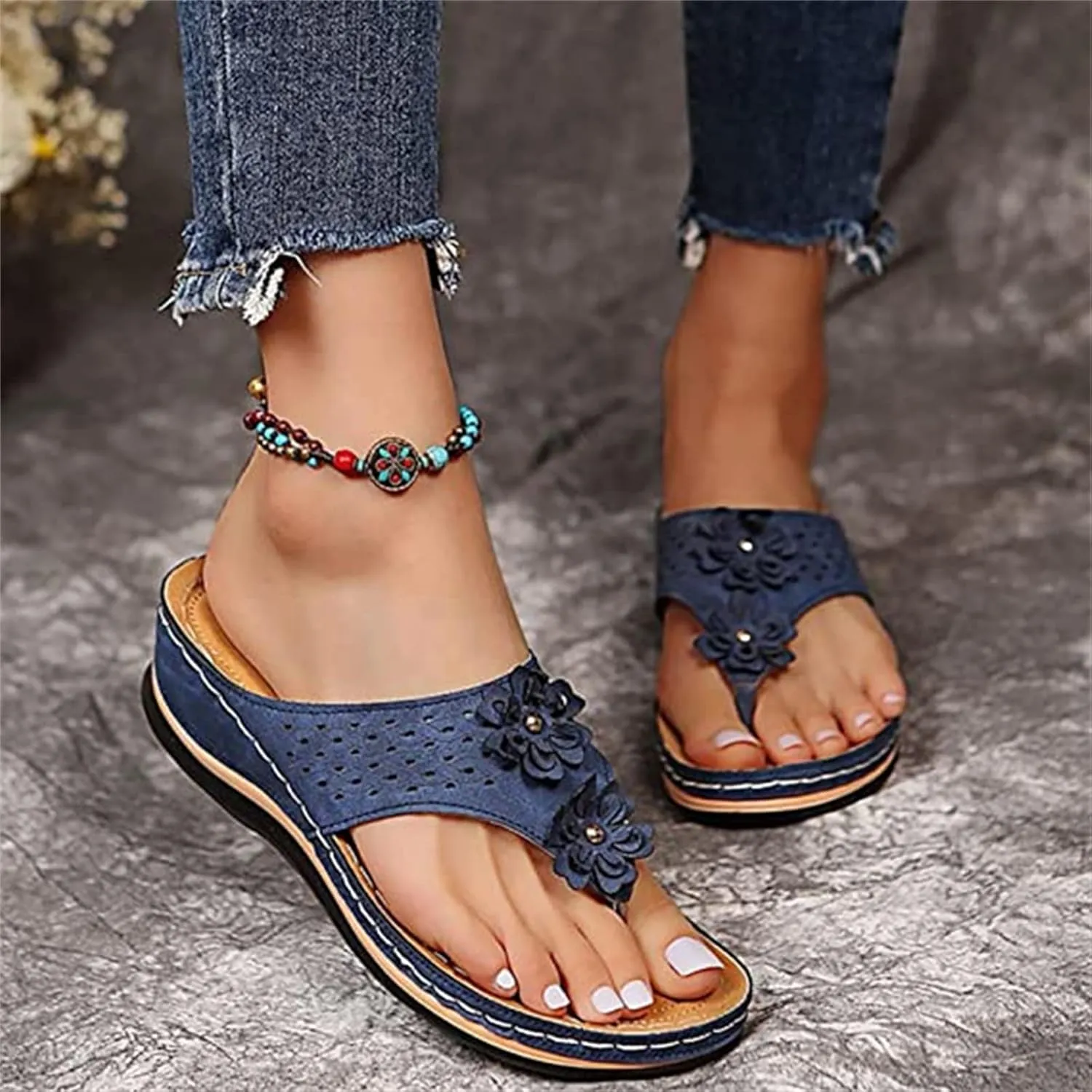 Lausiuoe Women's Comfy Orthotic Sandals, Women's Arch Support Flip Flops, Dressy Summer Orthopedic Sandals, Flip Flops Slippers, Size 7, Tan, Blue