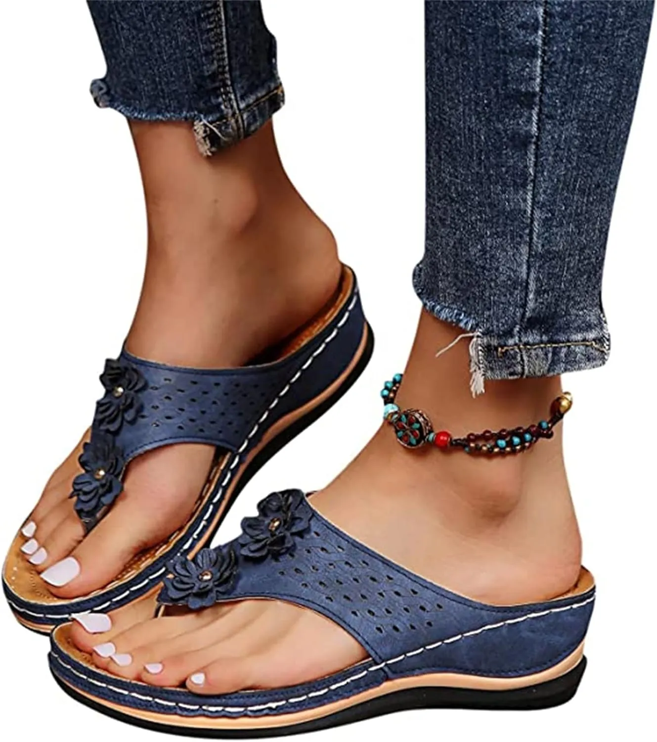 Lausiuoe Women's Comfy Orthotic Sandals, Women's Arch Support Flip Flops, Dressy Summer Orthopedic Sandals, Flip Flops Slippers, Size 7, Tan, Blue