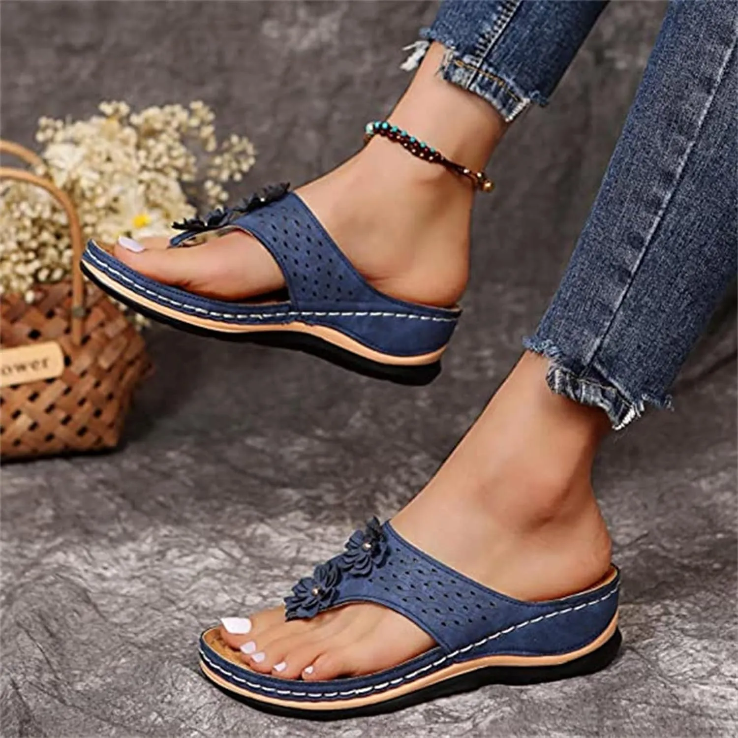 Lausiuoe Women's Comfy Orthotic Sandals, Women's Arch Support Flip Flops, Dressy Summer Orthopedic Sandals, Flip Flops Slippers, Size 7, Tan, Blue