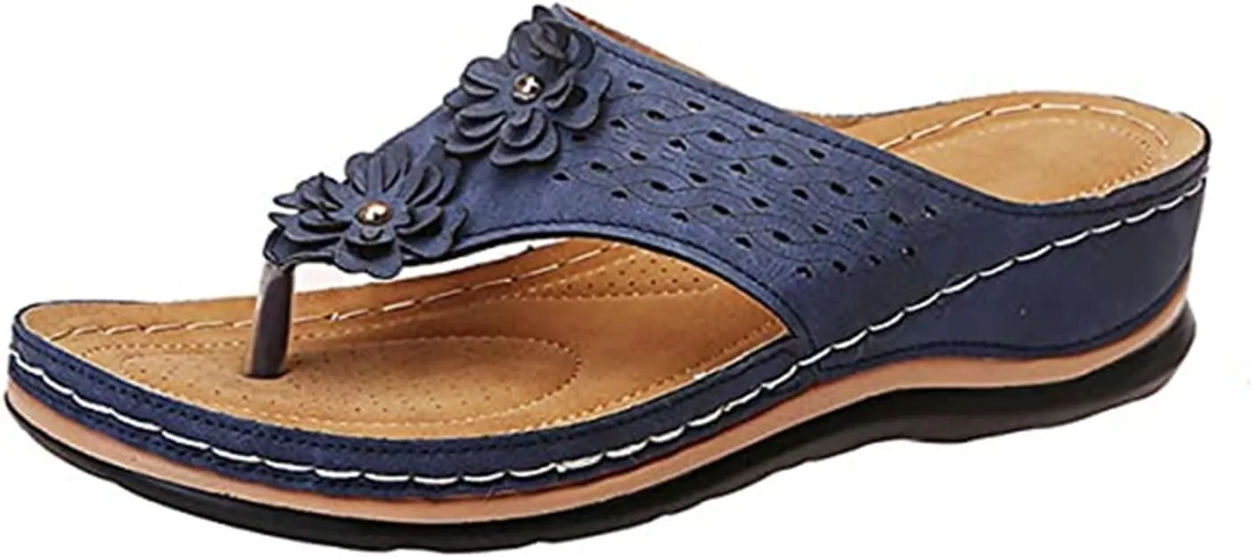 Lausiuoe Women's Comfy Orthotic Sandals, Women's Arch Support Flip Flops, Dressy Summer Orthopedic Sandals, Flip Flops Slippers, Size 7, Tan, Blue