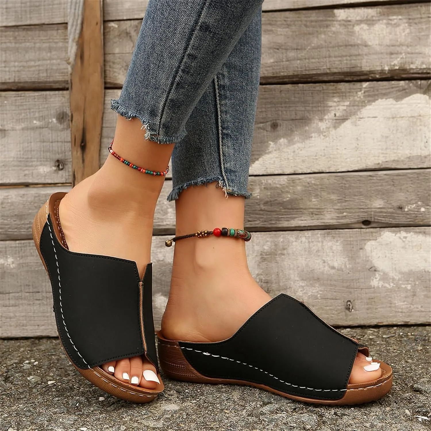 Lausiuoe Women's Sandals Comfortable Cute Fashion Orthotic Slides Ladies Comfy Slip On Dressy Summer Orthopedic Slippers