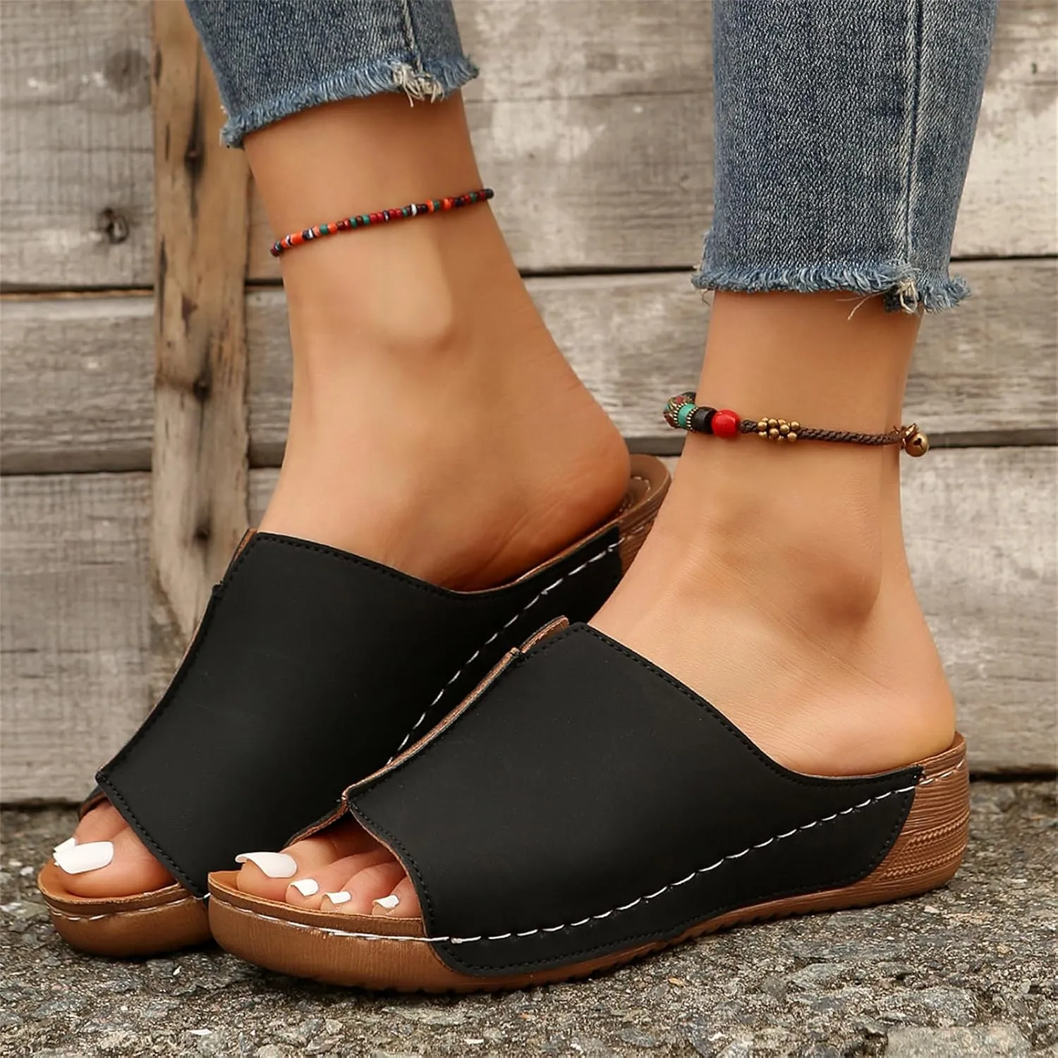 Lausiuoe Women's Sandals Comfortable Cute Fashion Orthotic Slides Ladies Comfy Slip On Dressy Summer Orthopedic Slippers