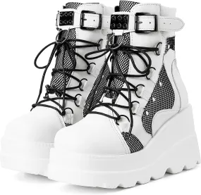 mikarka Holographic Platform Boots for Women, Lace Up Ankle Studded Buckle Goth Stacked Wedge Combat Ankle Boots