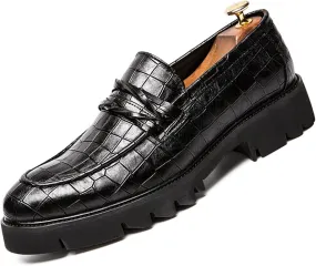 Optigard Men's Leather Platform Slip on Dress Shoes,Fashion Printed Casual Comfortable Business Formal Shoes