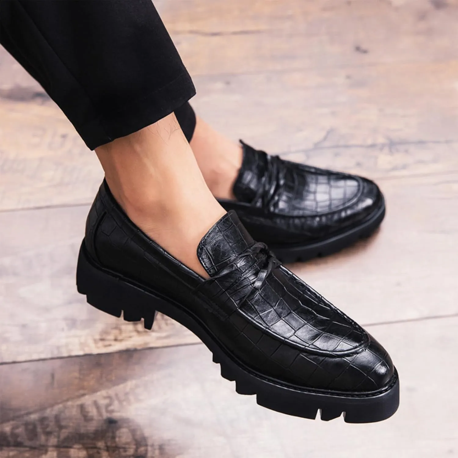 Optigard Men's Leather Platform Slip on Dress Shoes,Fashion Printed Casual Comfortable Business Formal Shoes
