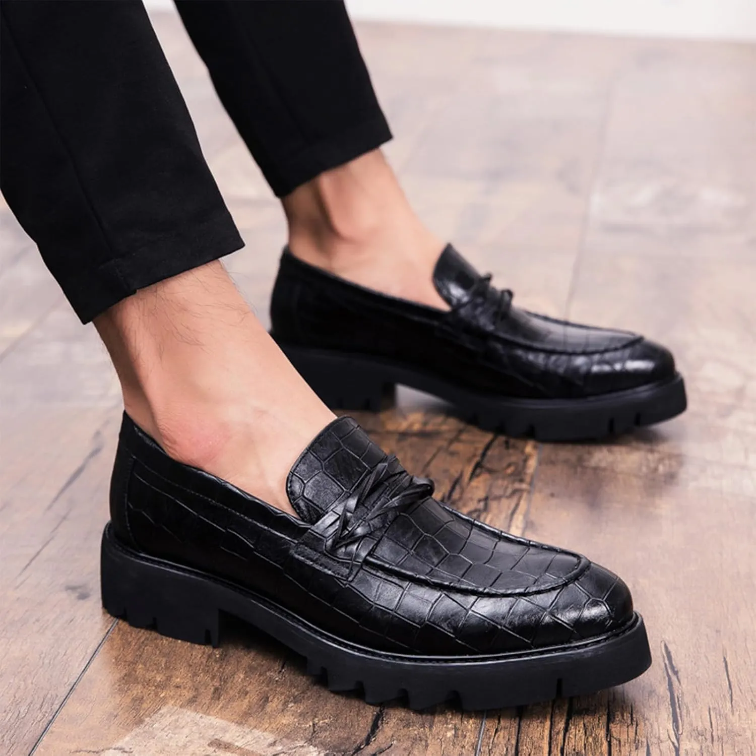 Optigard Men's Leather Platform Slip on Dress Shoes,Fashion Printed Casual Comfortable Business Formal Shoes