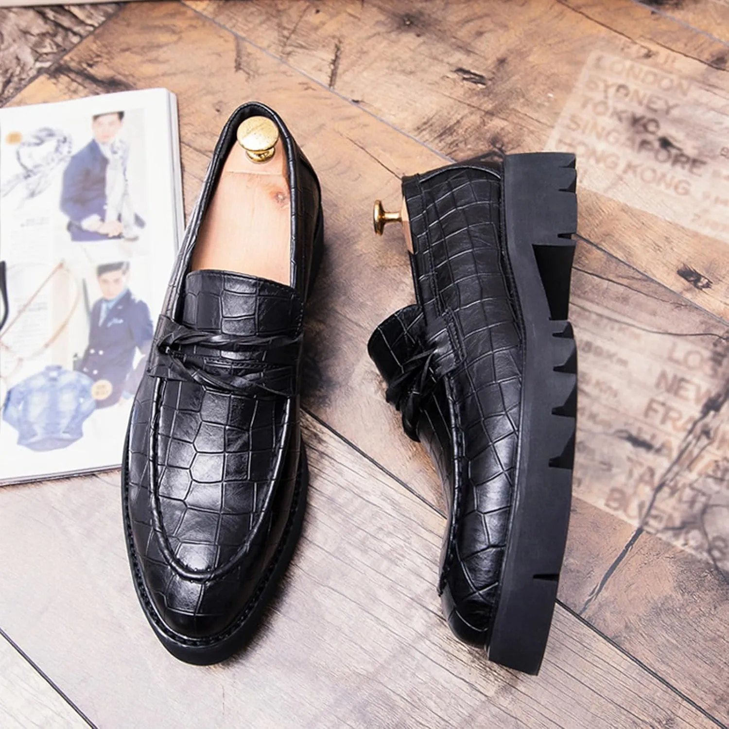 Optigard Men's Leather Platform Slip on Dress Shoes,Fashion Printed Casual Comfortable Business Formal Shoes