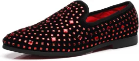 Santimon Loafer Smoking Slipper Moccasins Men Slip on Handmade Rhinestone Studded Pointed Toe Shoes Black
