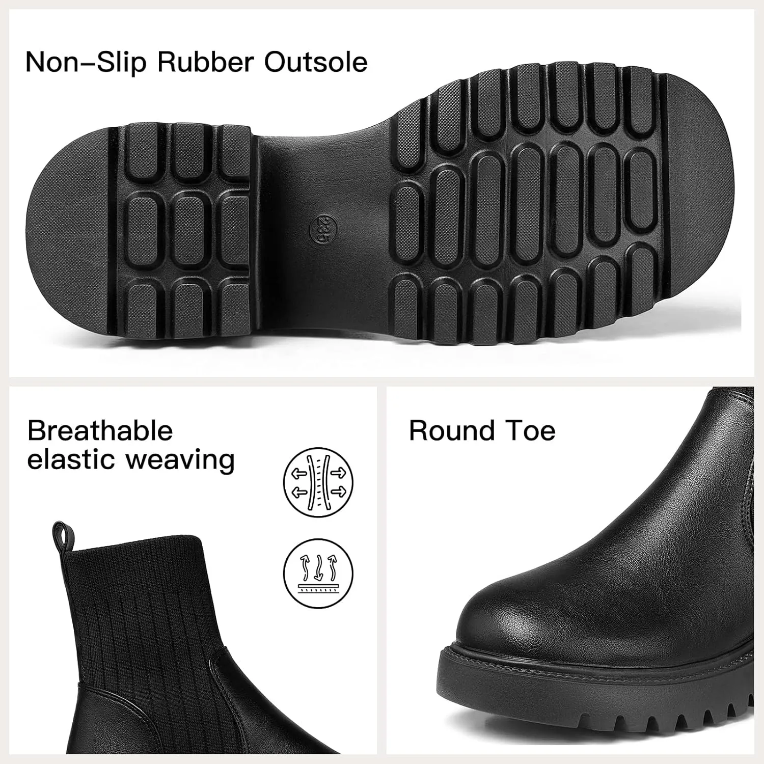 TEMOFON Ankle Boots for Women Chunky: Womens Casual Leather Chelsea Booties Slip on Round Toe Black Platform Short Boot with Block Heel