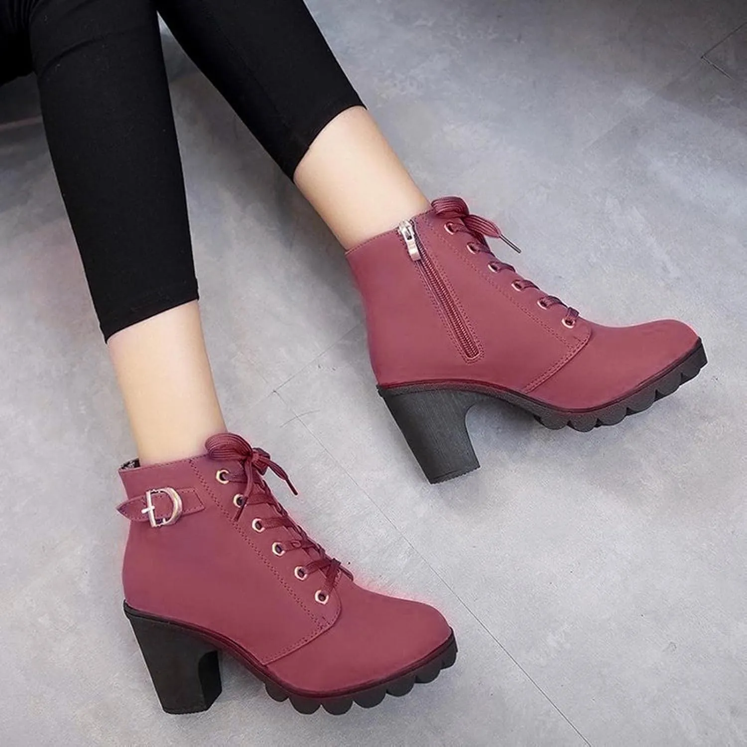 Women Lace Up Ankle Boots Chunky Heel Zip Buckle Booties Suede Zipper Bootie Elegant High Short Boot Shoes