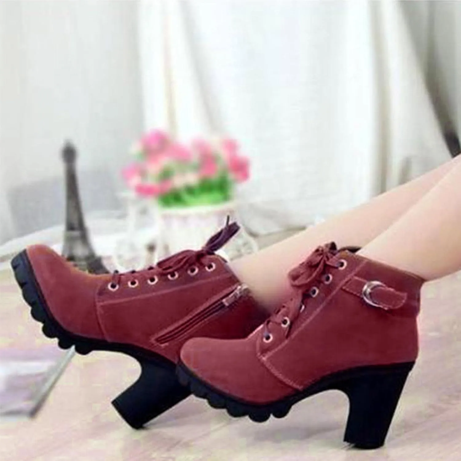 Women Lace Up Ankle Boots Chunky Heel Zip Buckle Booties Suede Zipper Bootie Elegant High Short Boot Shoes