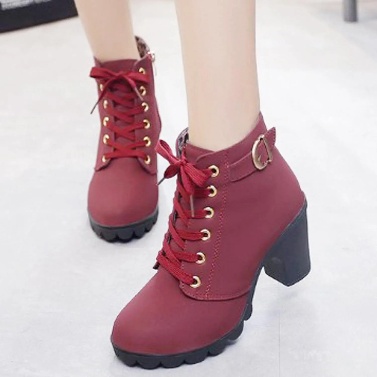 Women Lace Up Ankle Boots Chunky Heel Zip Buckle Booties Suede Zipper Bootie Elegant High Short Boot Shoes