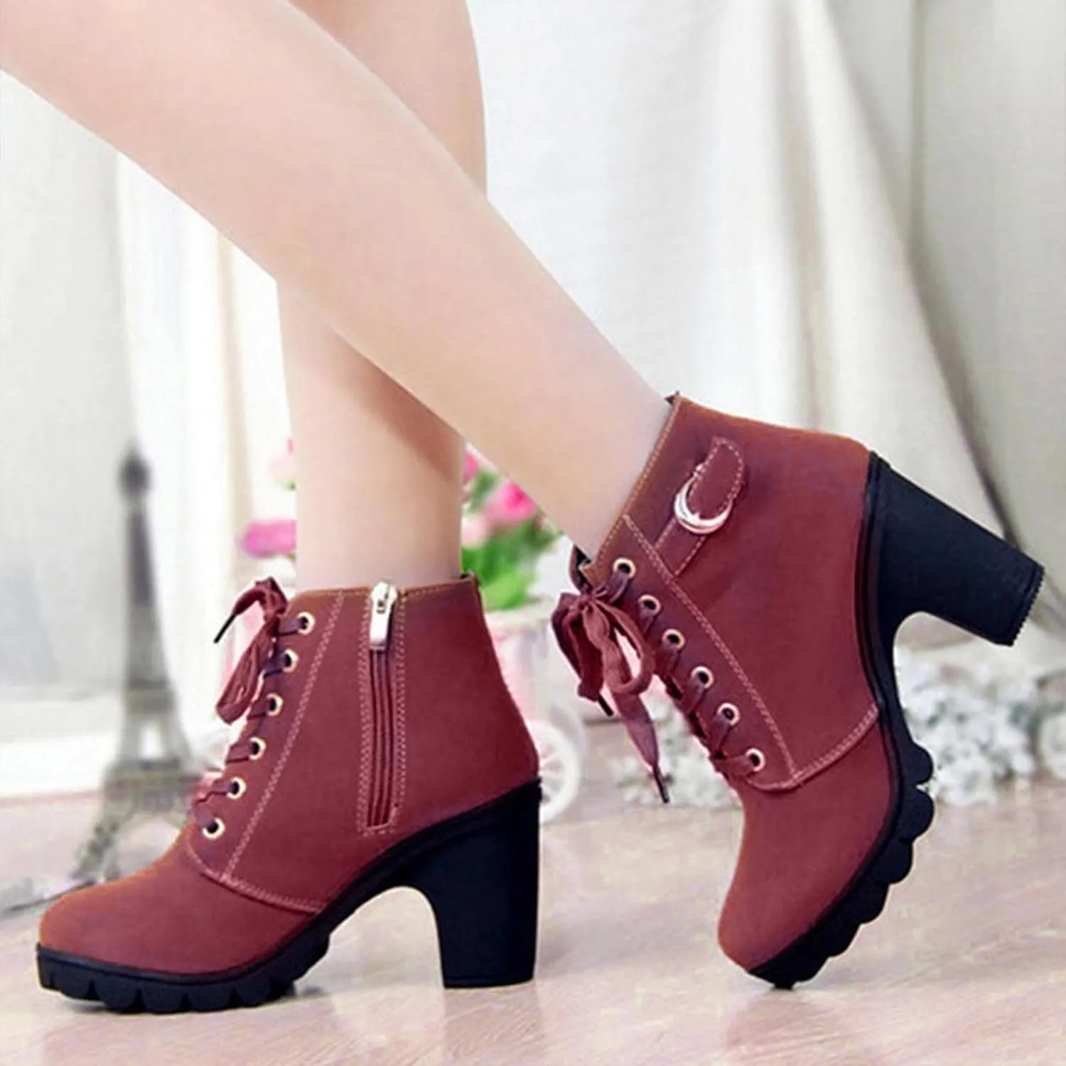 Women Lace Up Ankle Boots Chunky Heel Zip Buckle Booties Suede Zipper Bootie Elegant High Short Boot Shoes