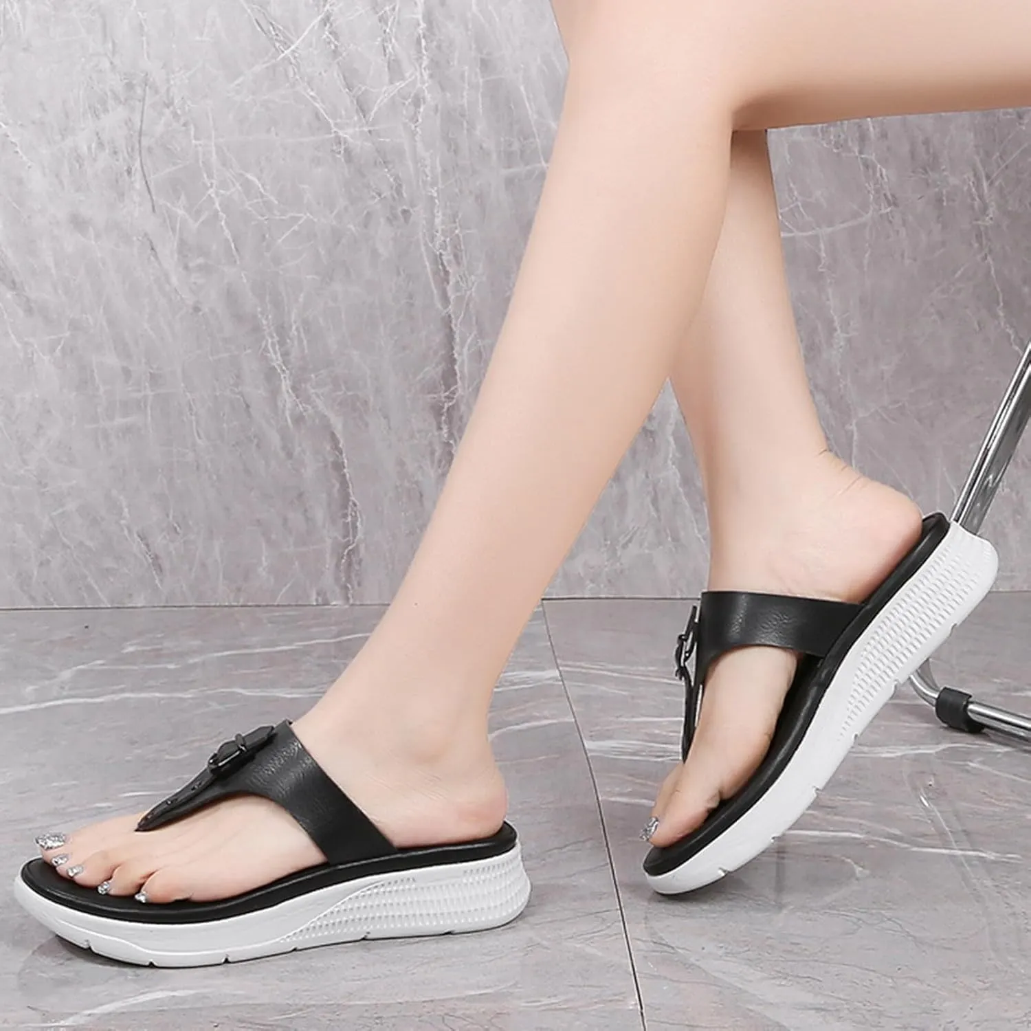 Women Shoes Comfortable Thick Sole Wedge Flip Flops Fashionable Outdoor Beach Bohemian Wedge Leopard Sandals for Women