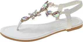 Women Summer Boho Rhinestone Sandals Bohemian T-Strap Flats Sandal Lightweight Flip Flops with Elastic Ankle Strap