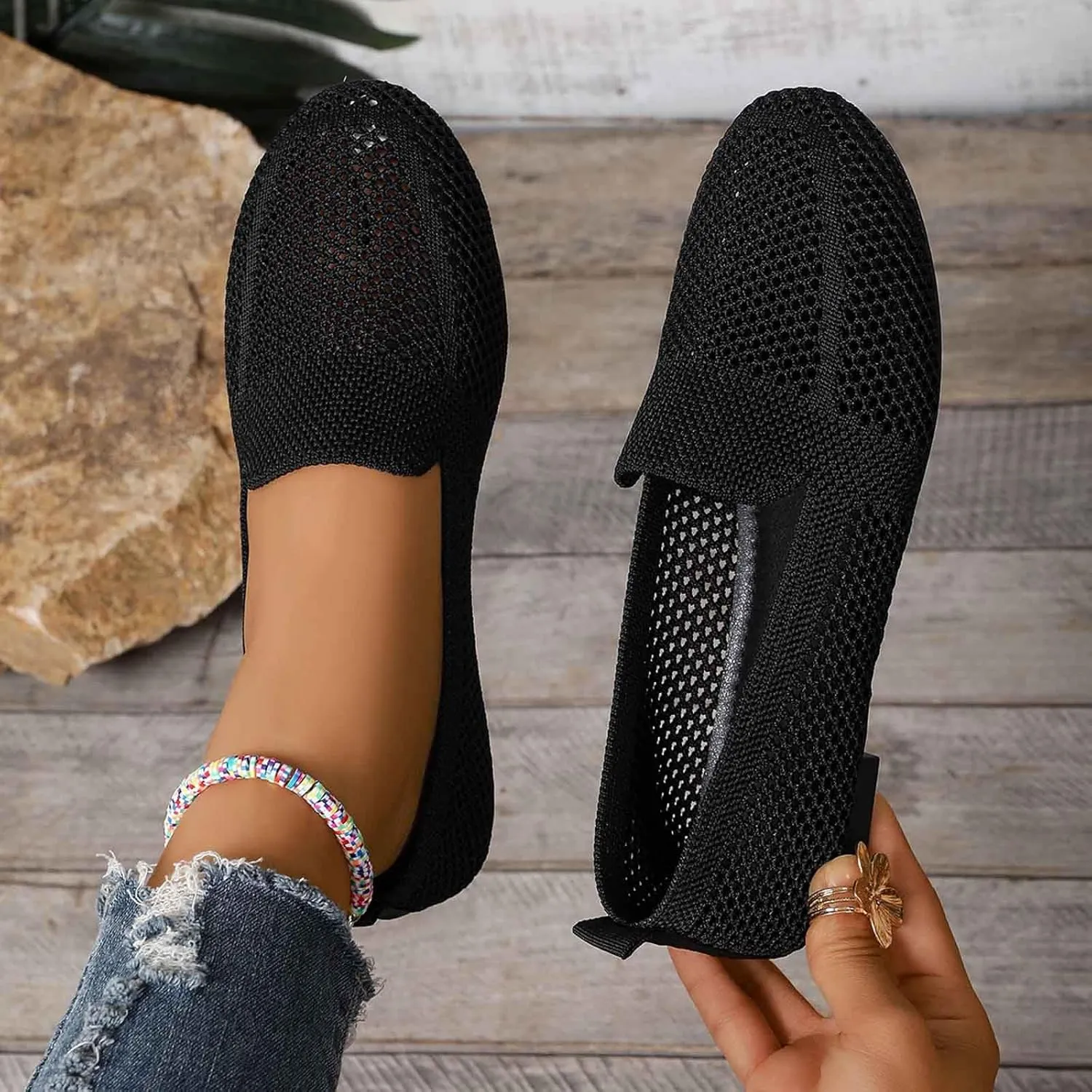 Women's Casual Slip On Shoes Breathable Knit Mesh Flat Comfortable Summer Walking Loafers Daily Wear Sandals