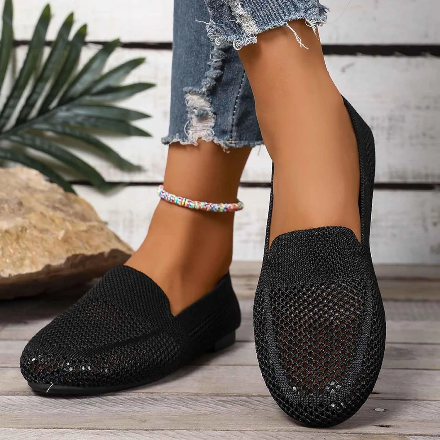 Women's Casual Slip On Shoes Breathable Knit Mesh Flat Comfortable Summer Walking Loafers Daily Wear Sandals