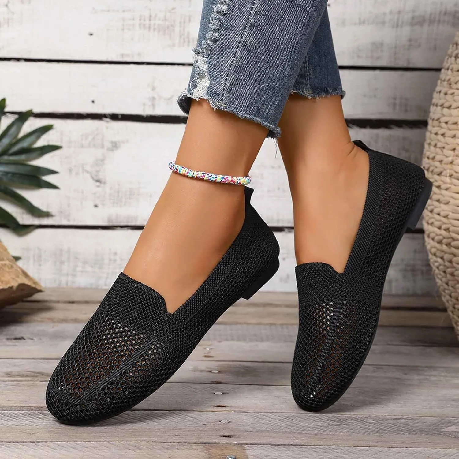 Women's Casual Slip On Shoes Breathable Knit Mesh Flat Comfortable Summer Walking Loafers Daily Wear Sandals
