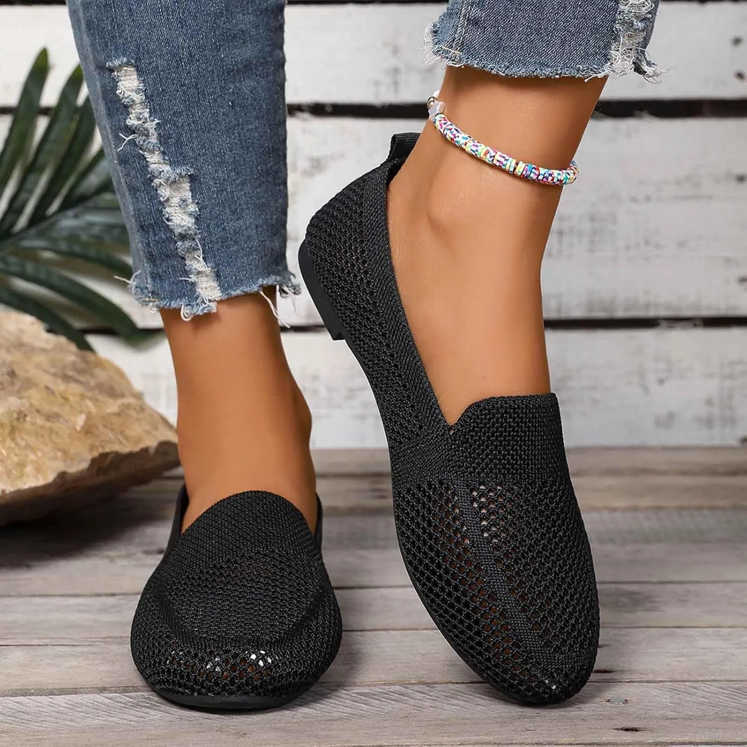 Women's Casual Slip On Shoes Breathable Knit Mesh Flat Comfortable Summer Walking Loafers Daily Wear Sandals