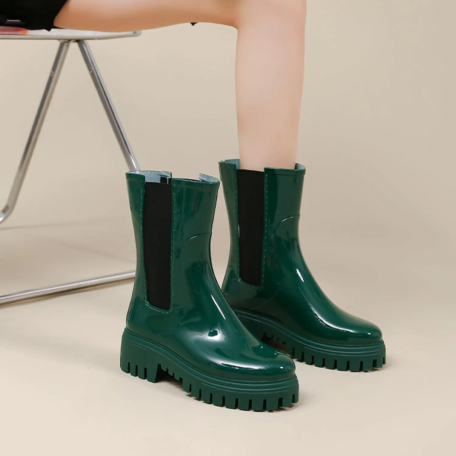 Women's Fashion Rain Shoes Women's Elastic Mouth Thick Sole Wear Water Shoes Non Slip Kitchen Rubber Shoes Outdoor Car Wash Shoes Tall Wide Rain Boots for Women