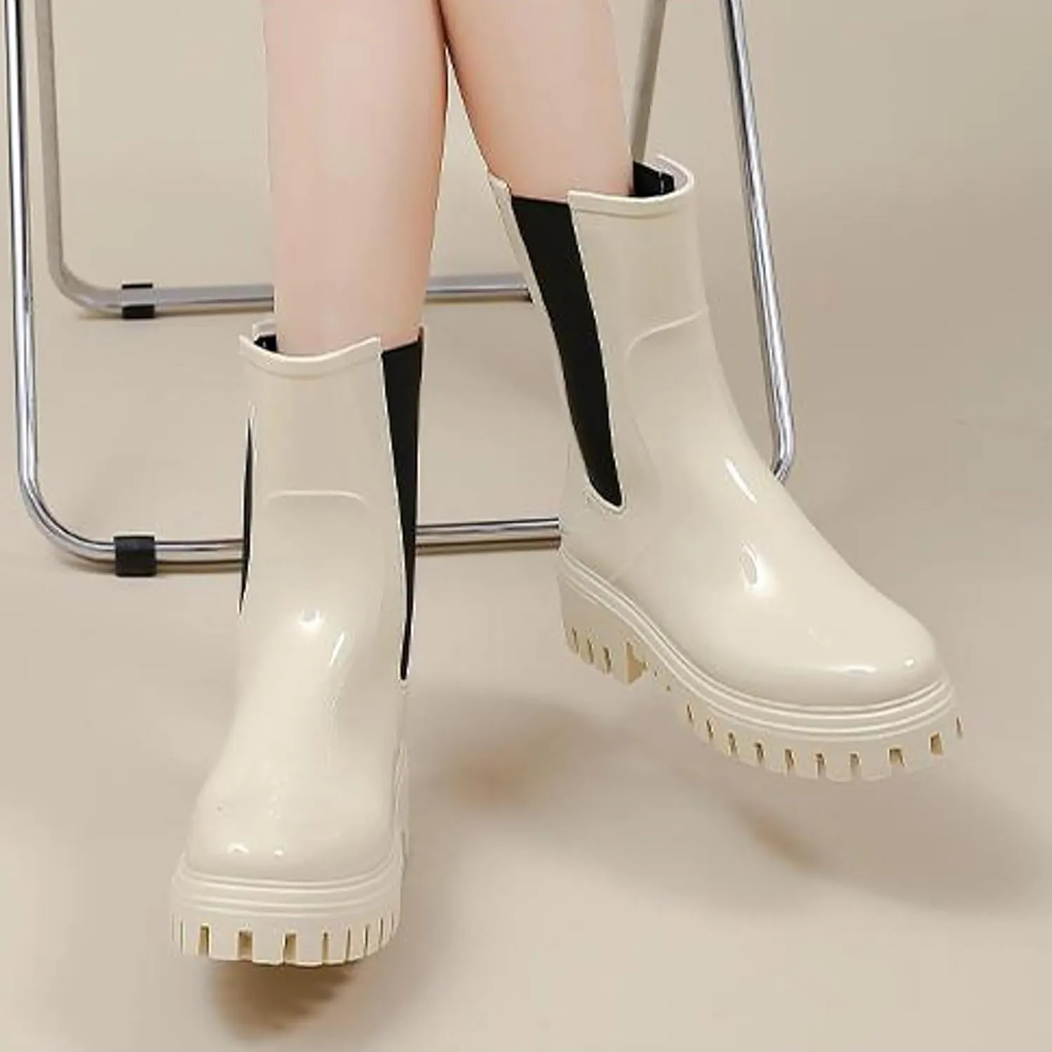 Women's Fashion Rain Shoes Women's Elastic Mouth Thick Sole Wear Water Shoes Non Slip Kitchen Rubber Shoes Outdoor Car Wash Shoes Tall Wide Rain Boots for Women