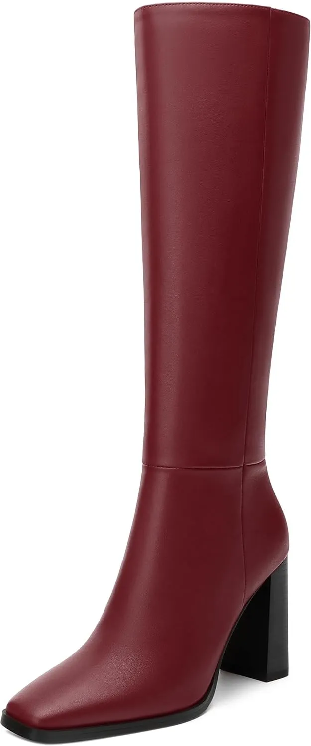 Womens Knee High Boots, Square Toe High Chunky Heel Knee High Boots for Women Zipper 3.5"