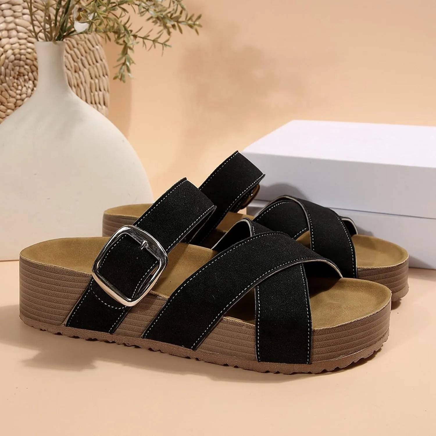 Women's Summer Slide Sandals Comfortable Thick Platform Casual Beach Vacation Wide Fit Flat Strappy Footwear